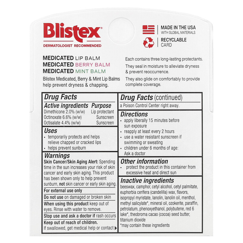 Blistex, Лечебный бальзам для губ, SPF 15, мята, ягоды, классический, 3 шт. В упаковке, 4,25 г (0,15 унции) — фото 3