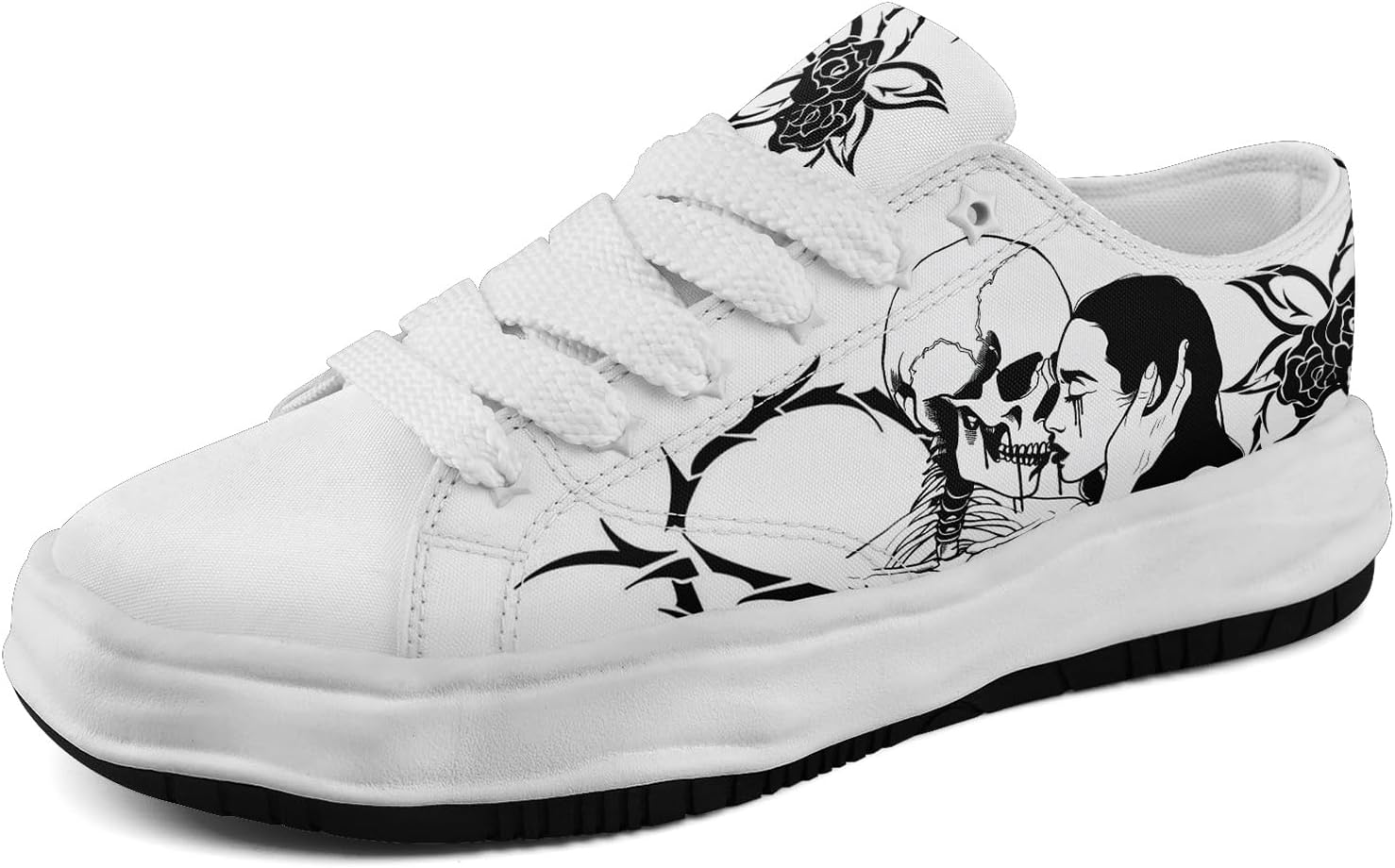 

Кеды с готическим принтом черепа для мужчин и женщин - низкие кеды из ткани с резиновой подошвой EVA, панк-стритвир мода Awsole, белый/черный