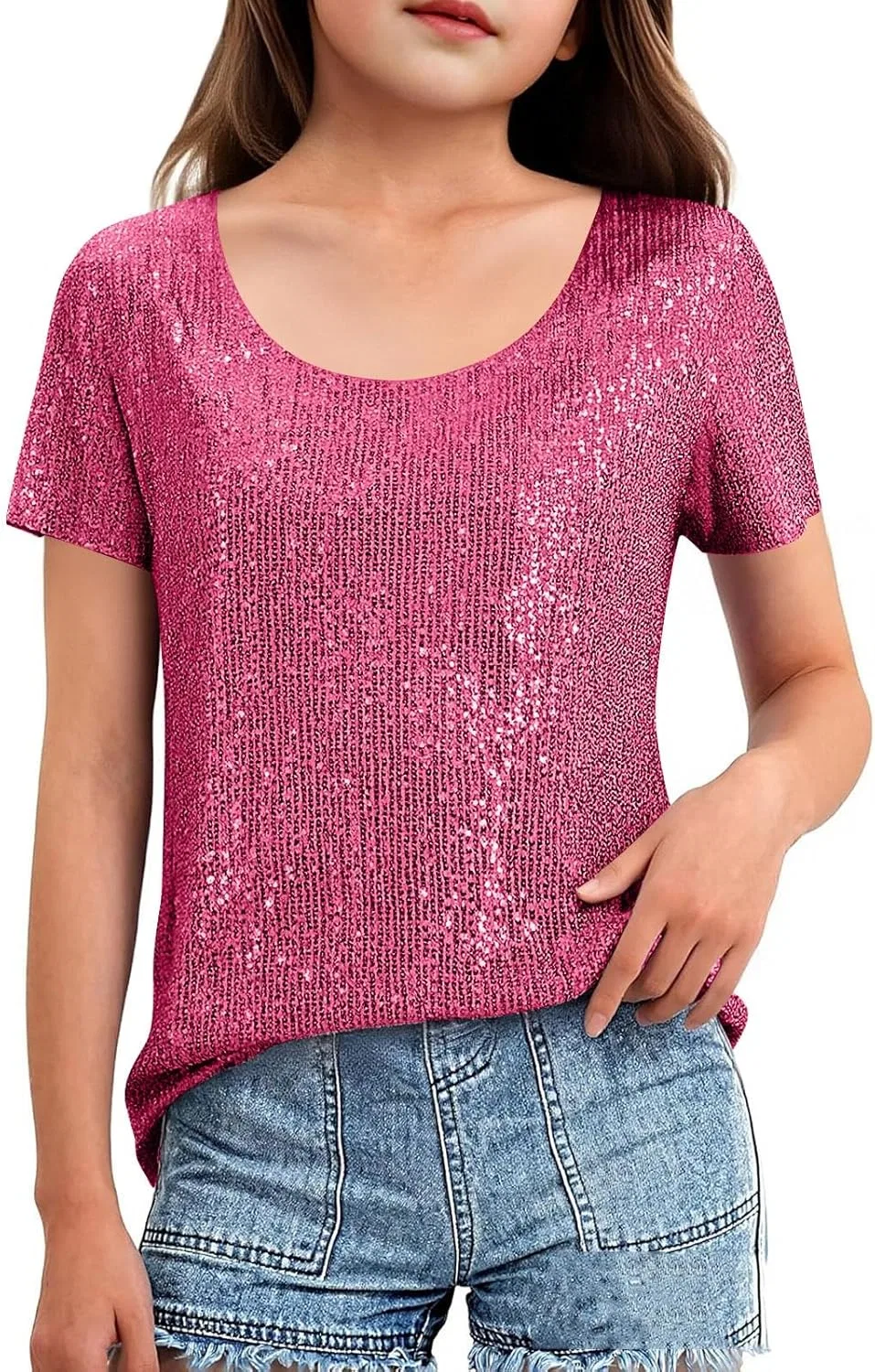 Футболка для девочек с пайетками и бисером, Hot Pink