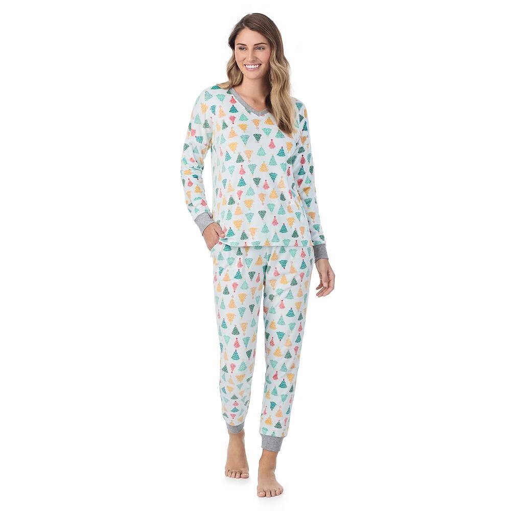 

Женский велюровый флисовый пижамный комплект с v-образным вырезом Cuddl Duds и пижамными штанами, цвет Mint Trees
