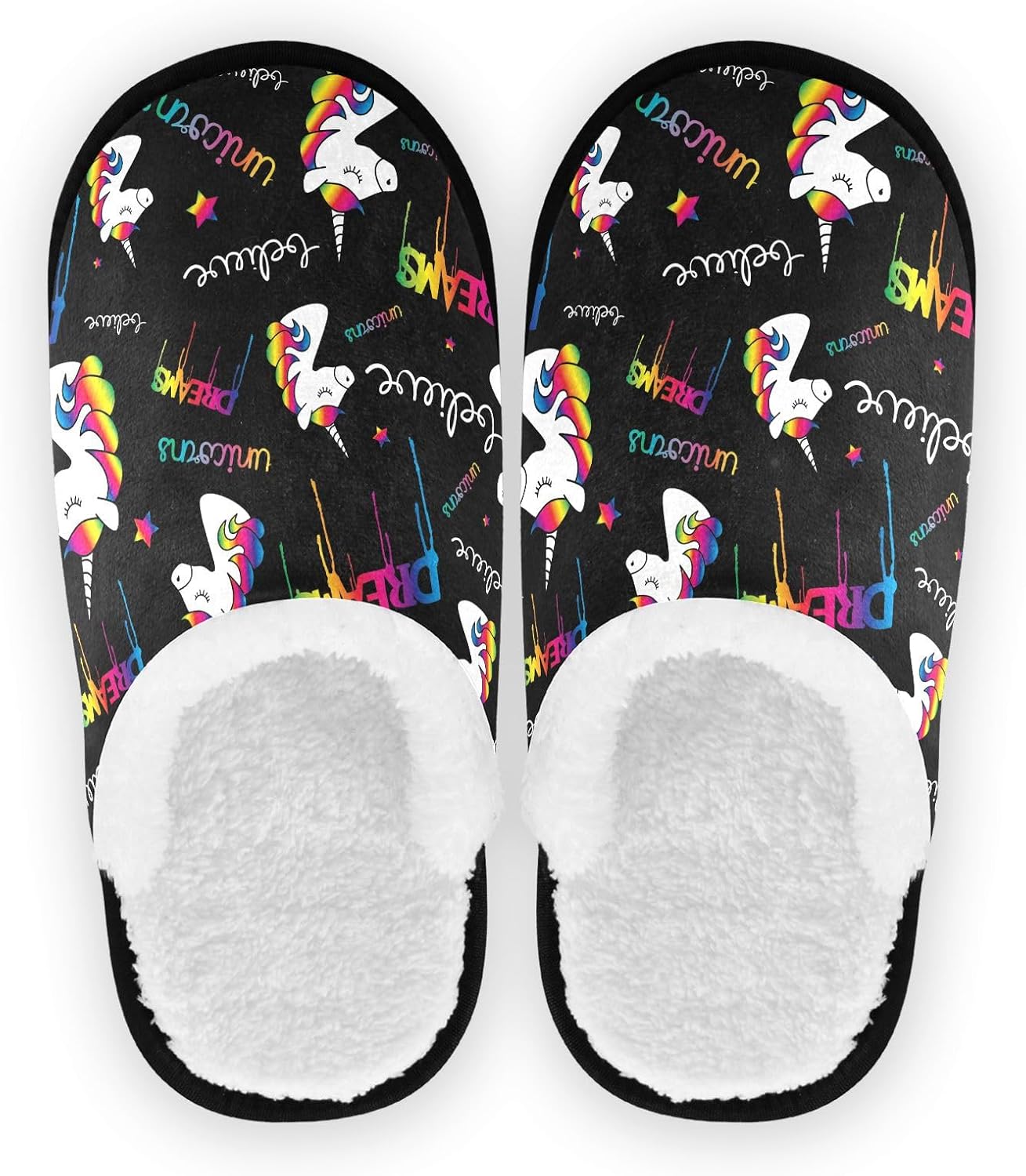 

Домашние тапочки JHKKU Rainbow Unicorn Fuzzy для путешествий, теплые тапочки для женщин и мужчин, уютная обувь для дома