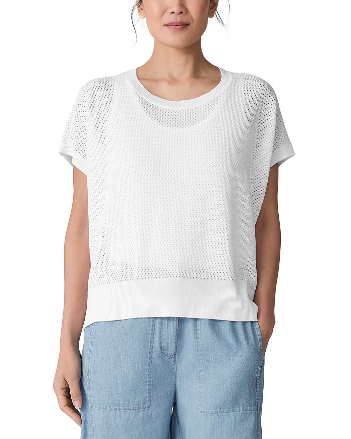 

Льняная и хлопковая бокси-топ с круглым вырезом Eileen Fisher, белый