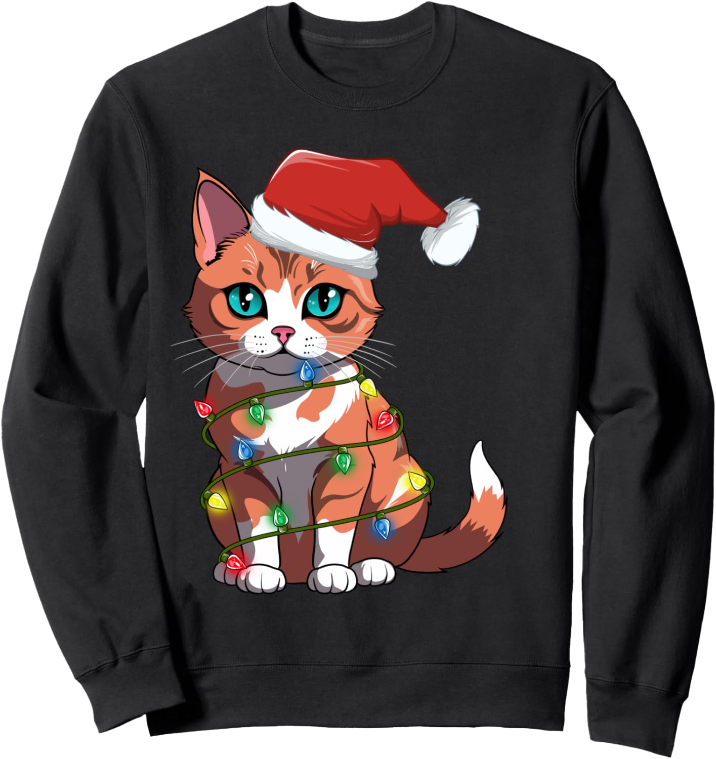 

Рождественская толстовка с изображением кота и гирлянд для мам, пап и девочек Funny Cat Christmas Lights, черный