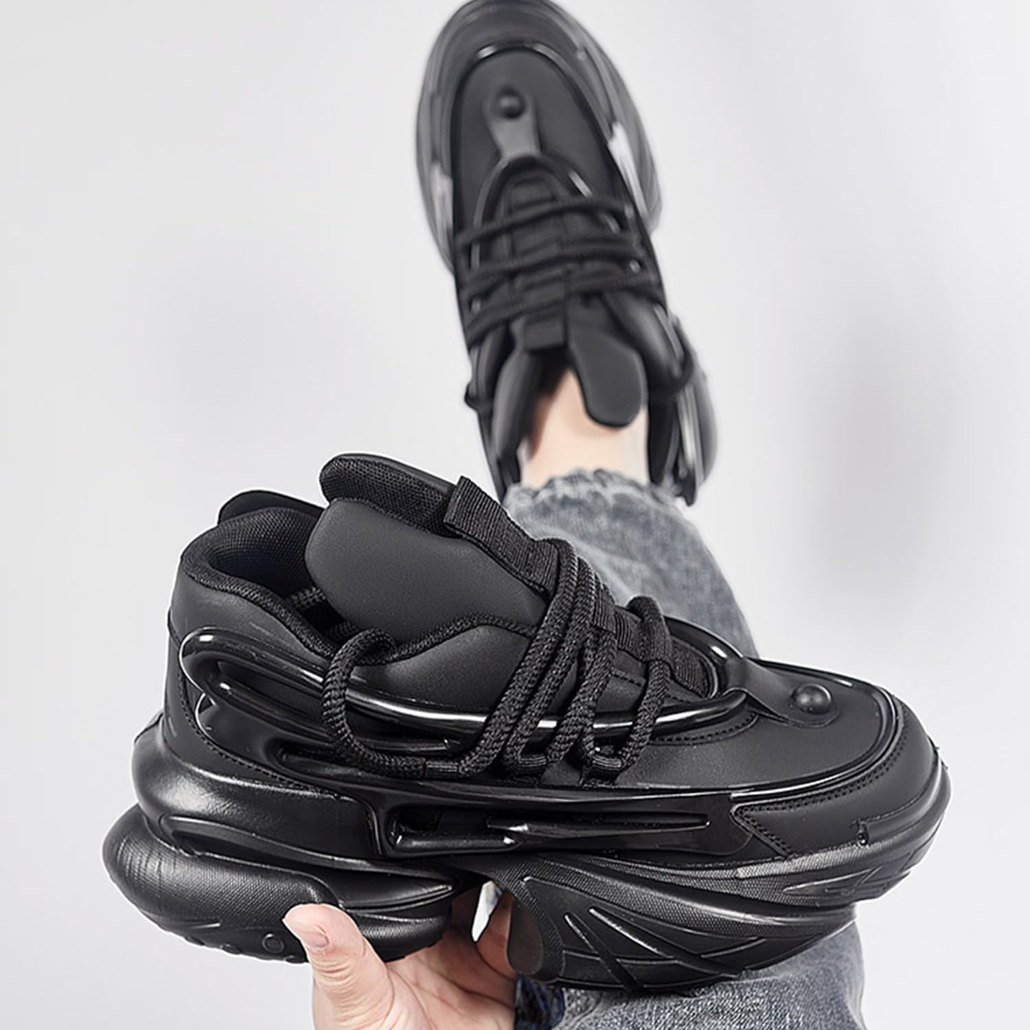 Мужские кроссовки Air Walking, модные массивные кроссовки с волнистой амортизирующей подошвой, черно-красные ретро на платформе, повседневные спортивные «dad» обувь Dacnakby — фото 4