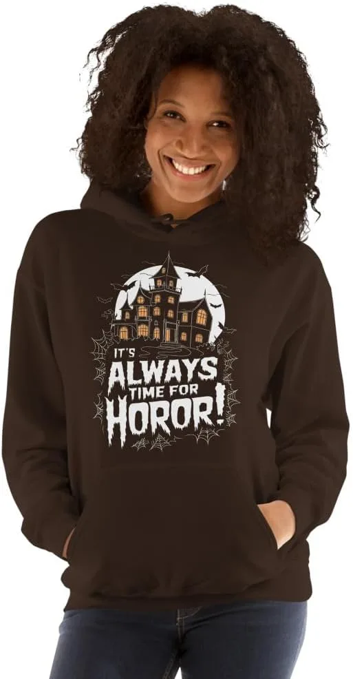 Толстовка Unisex с надписью "It's Always Time For Horror", футболка с забавной цитатой для Хэллоуина Generic, Dark Chocolate