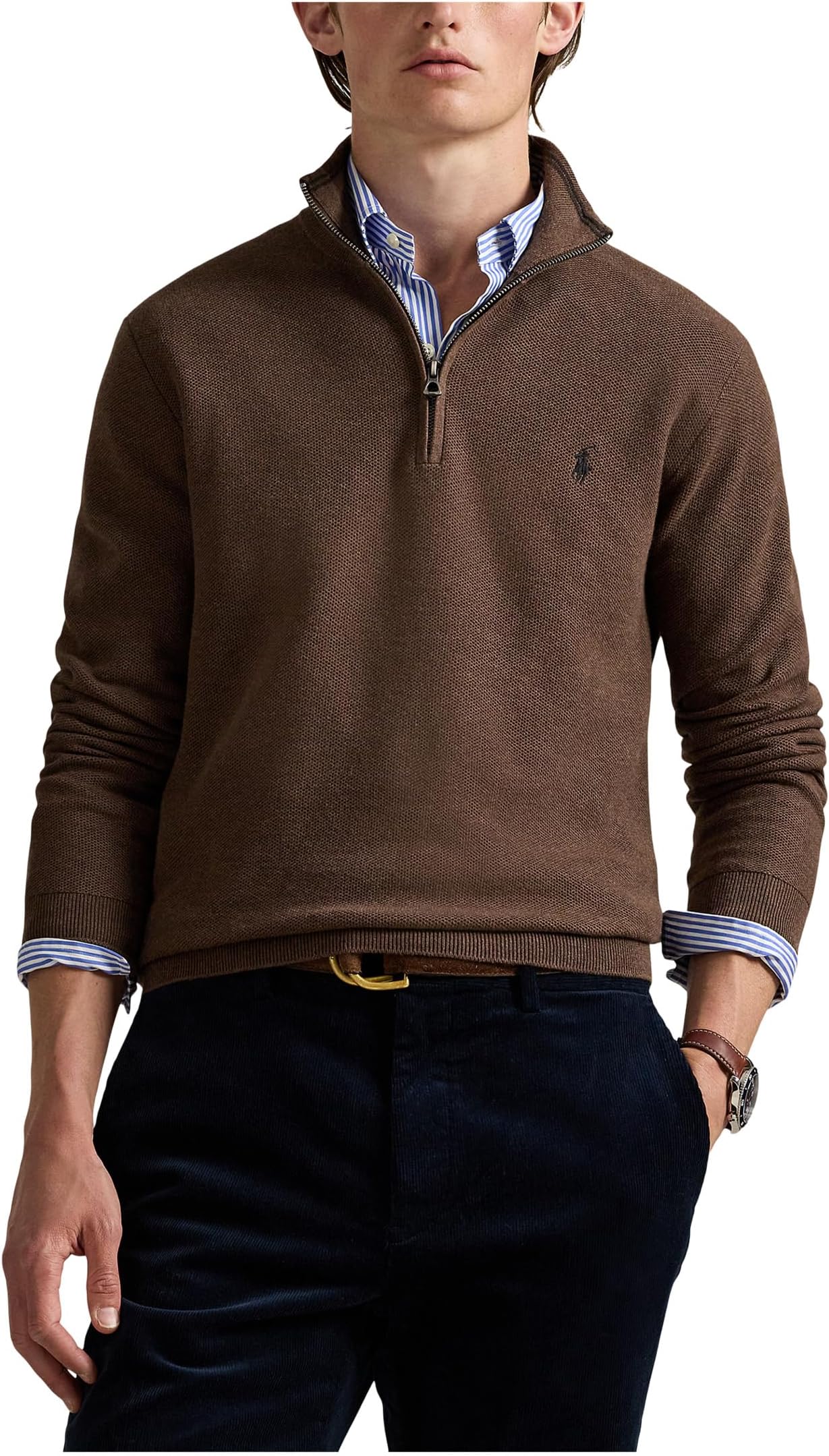 

Свитер Polo Ralph Lauren Mesh-Knit Cotton 1/4 Zip Sweater, цвет Nutmeg Brown Heather