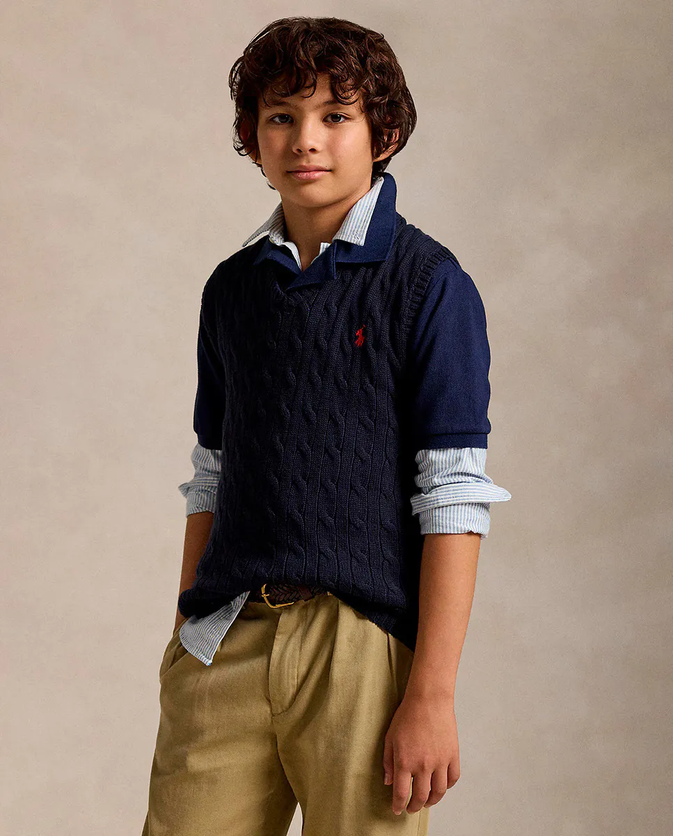 

Жилет для мальчика темно-синего цвета косой вязки Polo Ralph Lauren, темно-синий