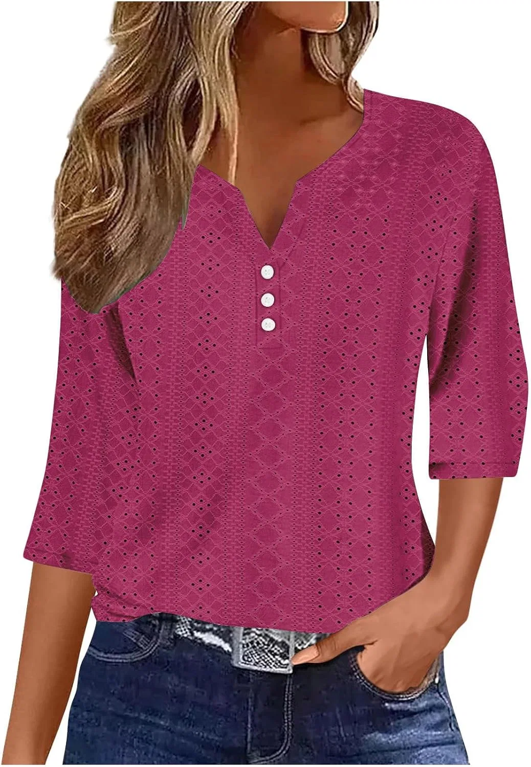 Футболка с 3/4 рукавом и вышивкой, Generic, Hot Pink