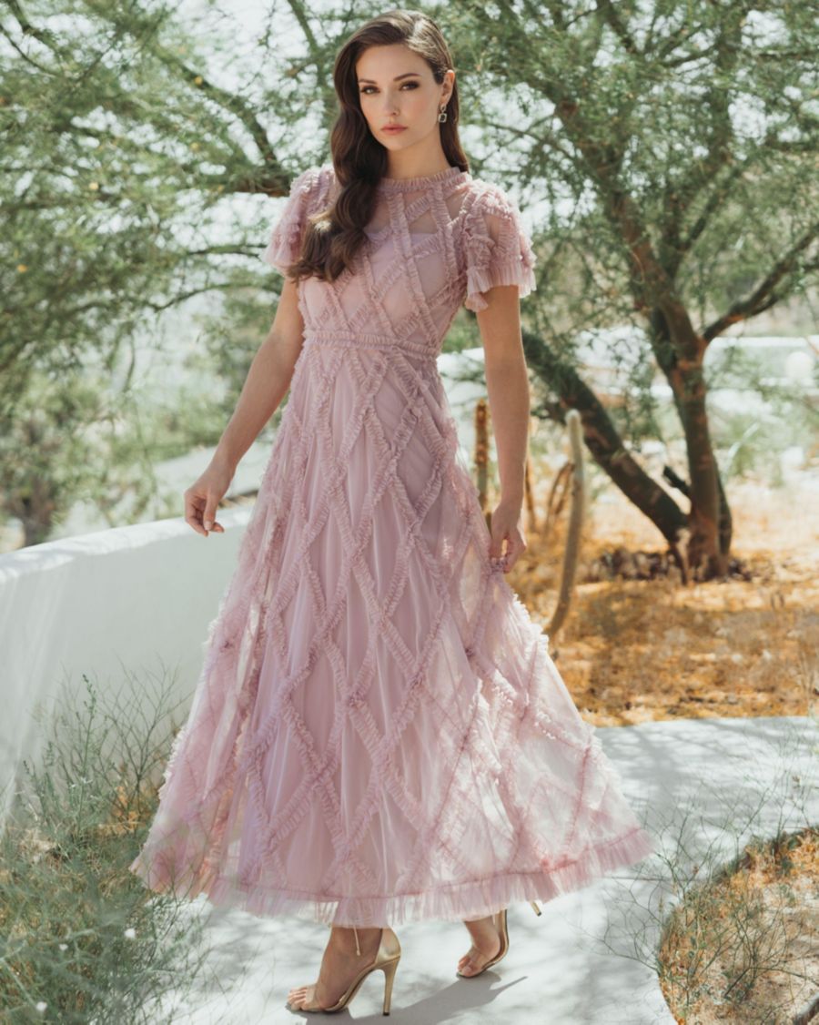 

Женское сетчатое длинное платье с высоким воротником, короткими рукавами и оборками Mac Duggal, Heather