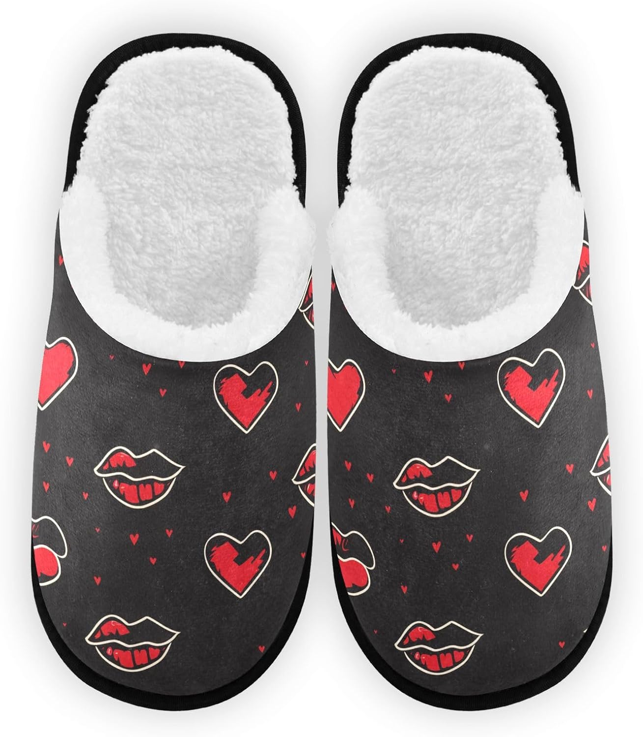 

Плюшевые тапочки FENOCHE с красными губами и сердцем для женщин и мужчин, теплые, удобные, для путешествий и СПА, нескользящие домашние тапочки