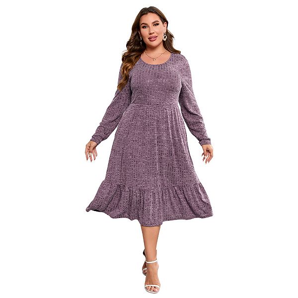 

Платье миди с длинным рукавом и рюшами по подолу Plus size Seoria, Purple