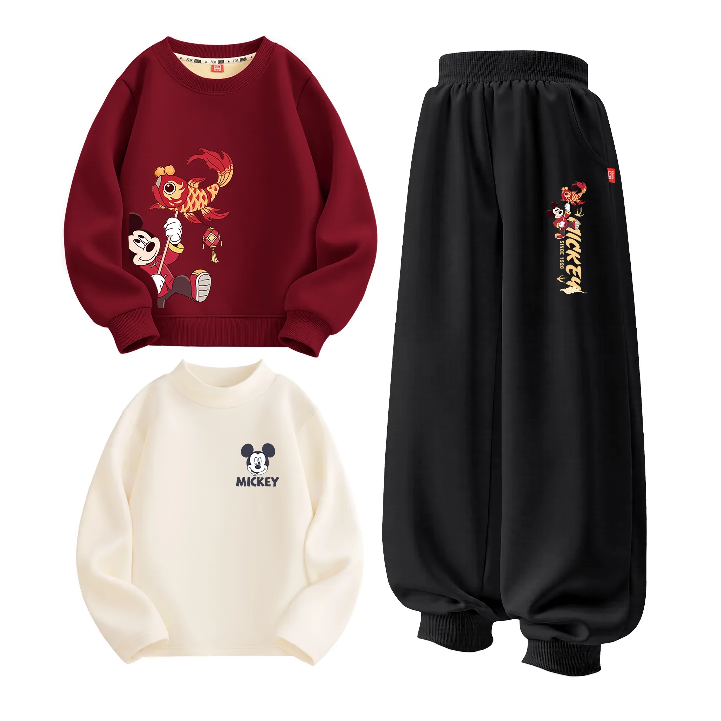 Детская повседневная спортивная одежда утепленная Disney, [Thickened and Fleece-Lined Three-Piece Set]Di Jinli Qi-Left Lower Wine Red+Di Jinli Qi K Black+Gt Di Dai Xiao K Milk White