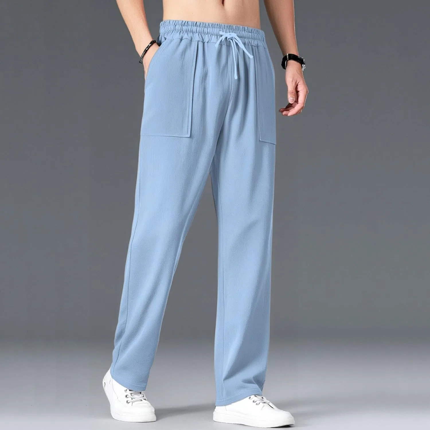Брюки мужские свободные с эластичным поясом, Cotton Linen, Light Blue — фото 2