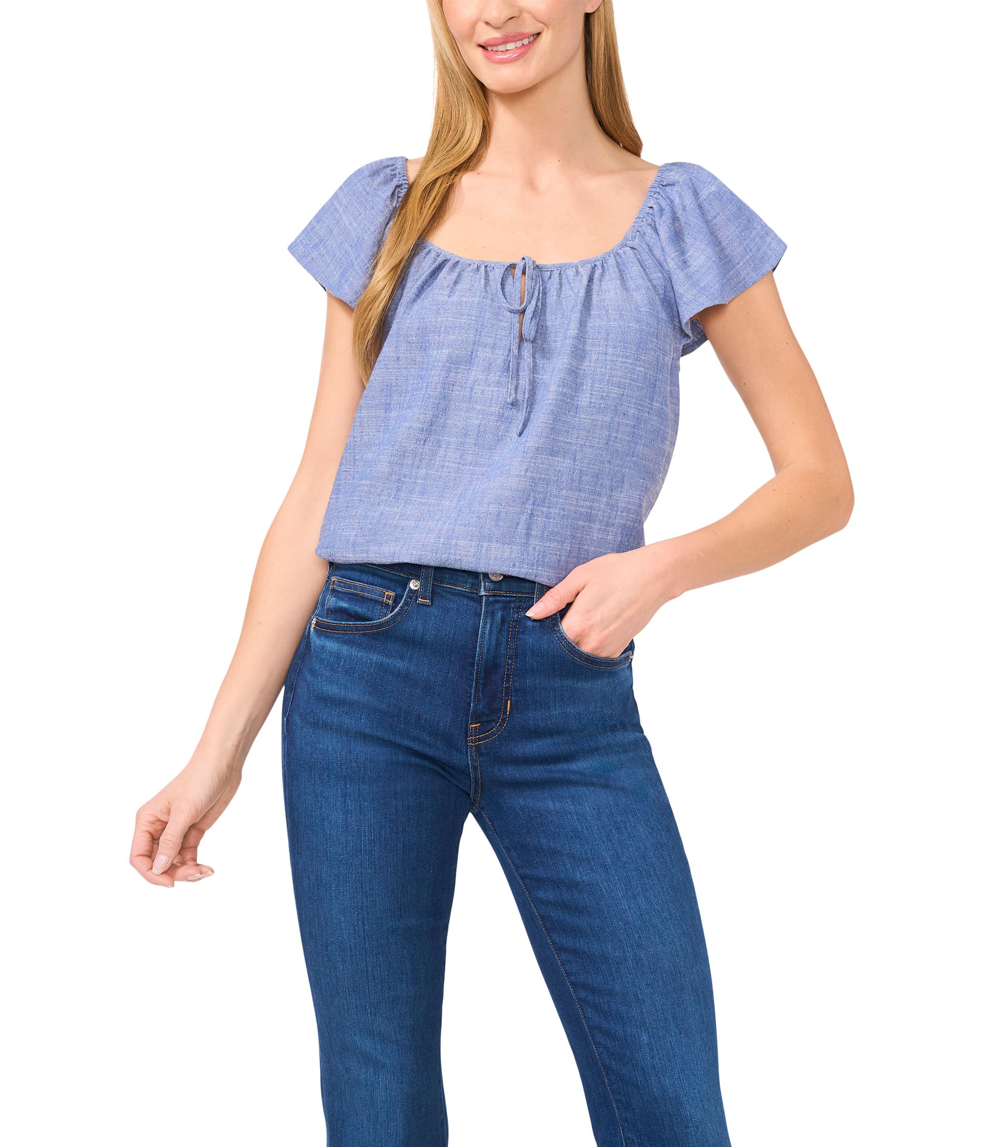 

Топ CeCe Flutter Sleeve Tie Front Top, Indigo Wash
