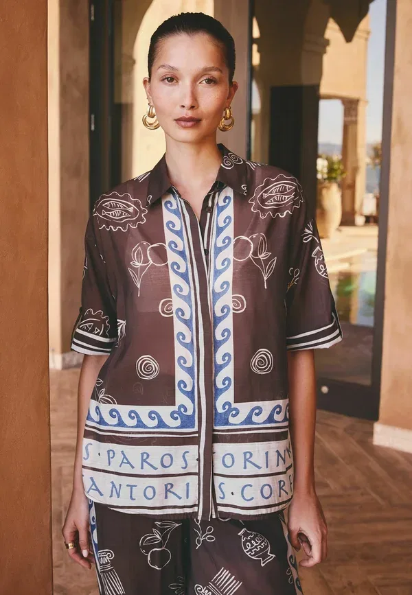 Рубашка Regular fit, Next, chocolate brown border print, шоколадно-коричневый с принтом — фото 3