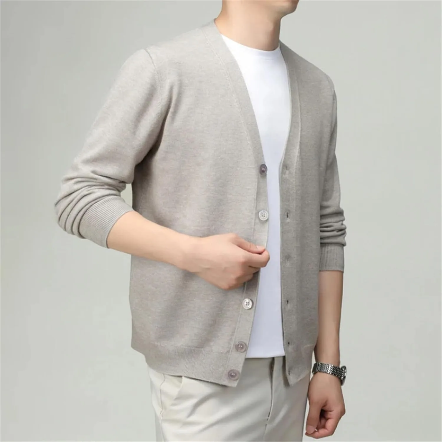 Весенний кардиган V-образного выреза сплошного цвета для мужчин, Stretchable, Warm — фото 4
