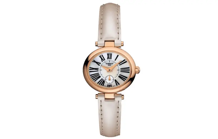 

TISSOT Часы Quartz Movement Women's Watch Watch 25mm White Dial 18K Rose Gold Watch Case Genuine Leather Strap, Beige