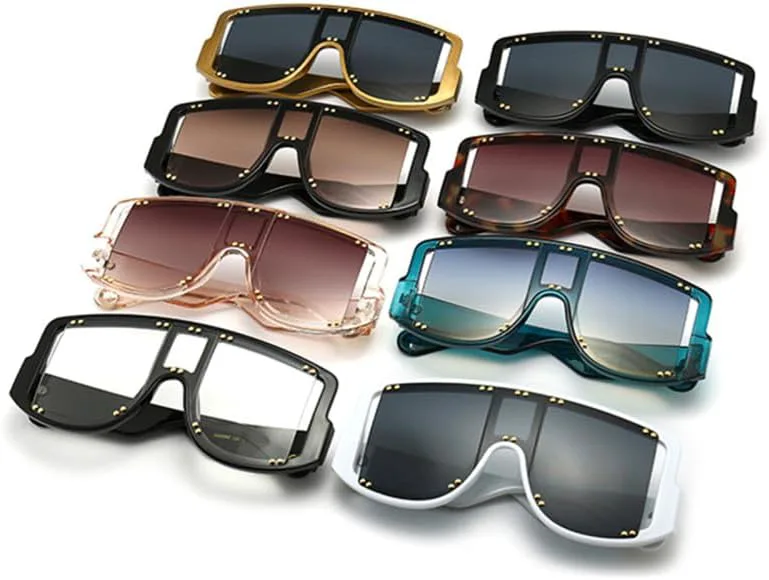 

Солнцезащитные очки-щитки, большие солнцезащитные очки для женщин, солнцезащитные очки в крупной оправе для мужчин, очки с заклепками HDUBFY, Black Black