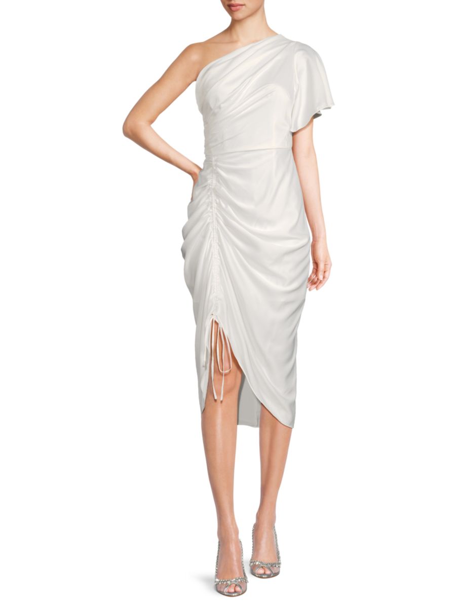 

Платье-футляр миди из атласа с рюшами на одно плечо Zac Posen, белый
