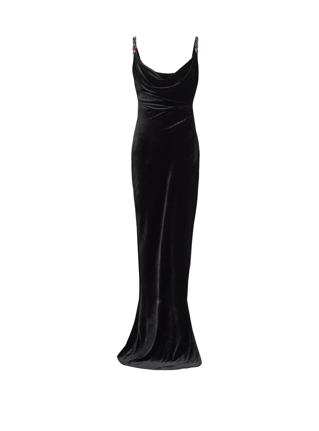 

Длинное бархатное платье с украшенными бретелями Balmain, черный