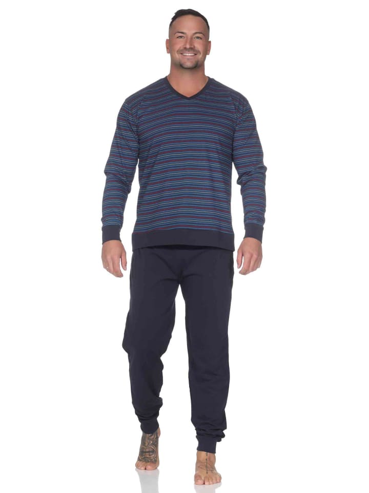 

NORMANN Пижамный комплект с длинными рукавами, манжетами и полосками, темно-синего цвета