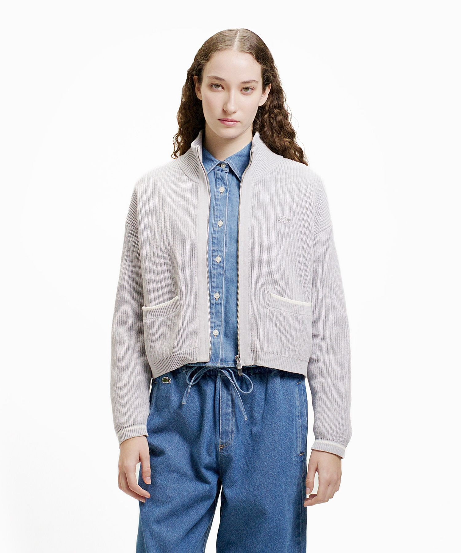 Кардиган Lacoste, Узкая вязаная блузон на молнии, Light gray