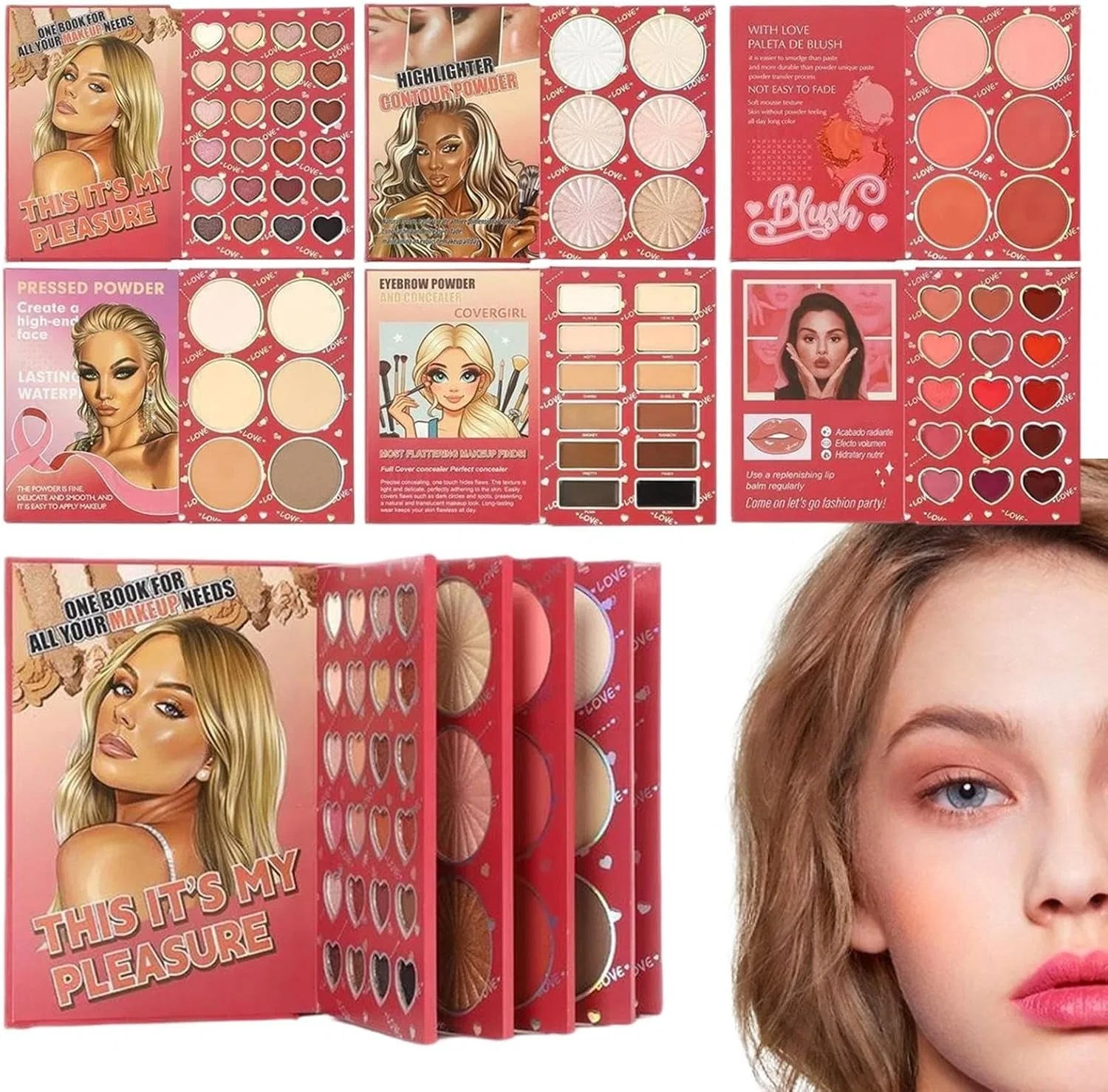 Набор косметики в форме книги 6 оттенков матовых и шиммерных теней и румян