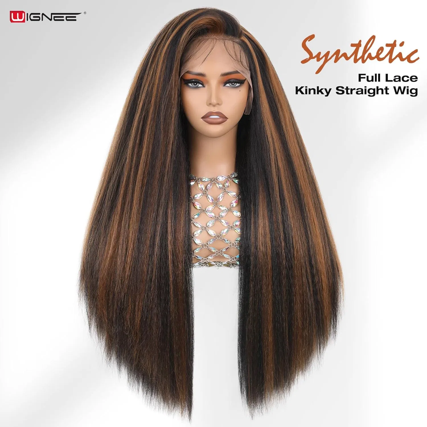 Парик WIGNEE Full Lace из синтетических волос, прямой, 76 см Wignee, Brown Highlight — фото 2
