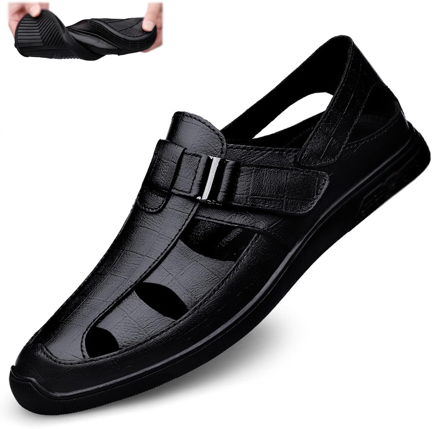 

Мужские сандалии из натуральной кожи с вырезами, закрытые сандалии на плоской подошве с регулируемым носком, летние повседневные сандалии с противоскользящей подошвой для пляжа Amazideal, черный