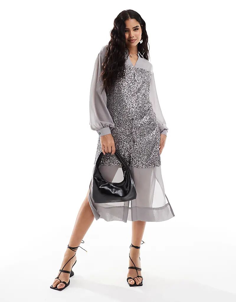 

Платье-мидакси с блестками Lila в цвете gunmetal Never Fully Dressed
