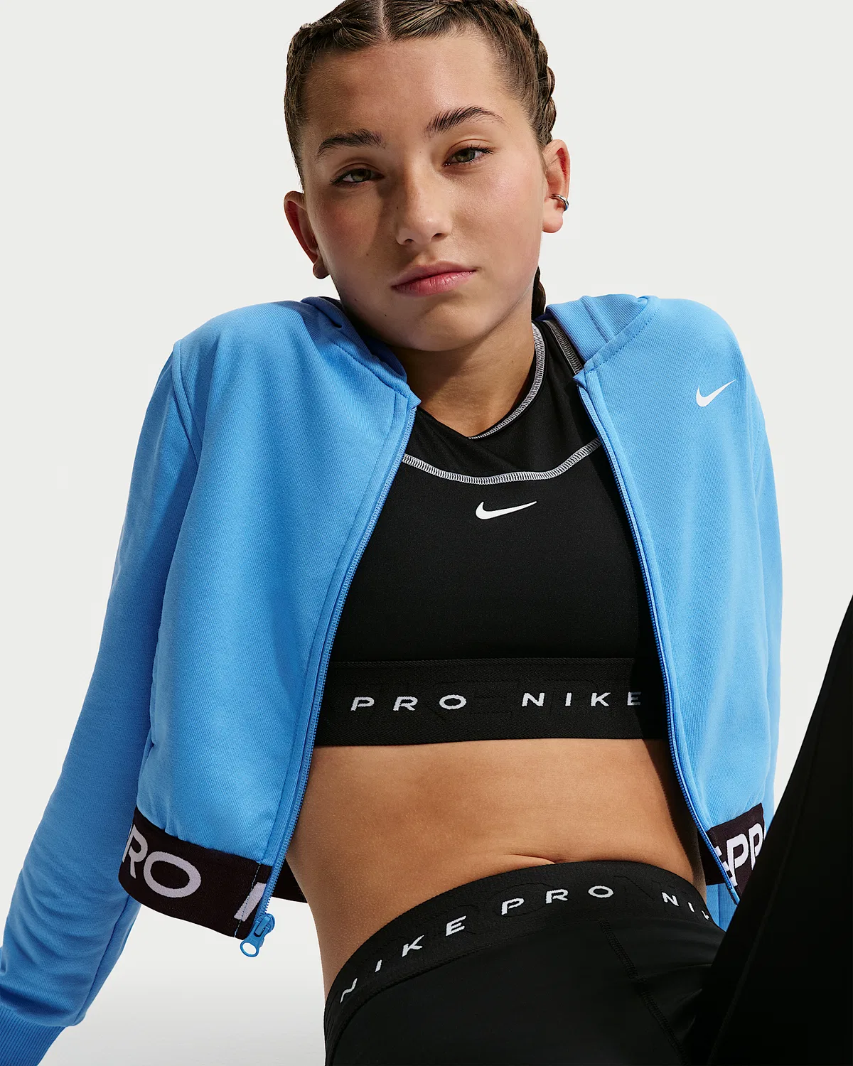 Детская (девичья) флисовая кофта Nike Pro Fleece Dri-FIT на молнии, University Blue/University Blue/Black/White — фото 3