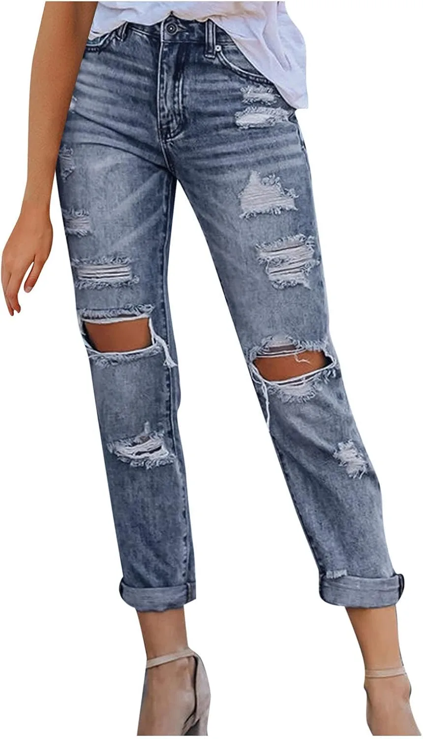 

Женские джинсы NREALY Casual с высокой талией, рваные и растягивающиеся