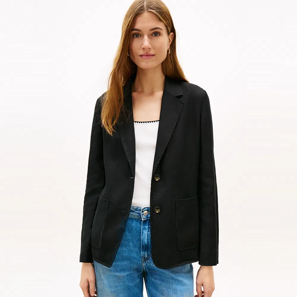 Женский однобортный жакет из поплина со смесью льна, чёрный, от Tommy Hilfiger Women