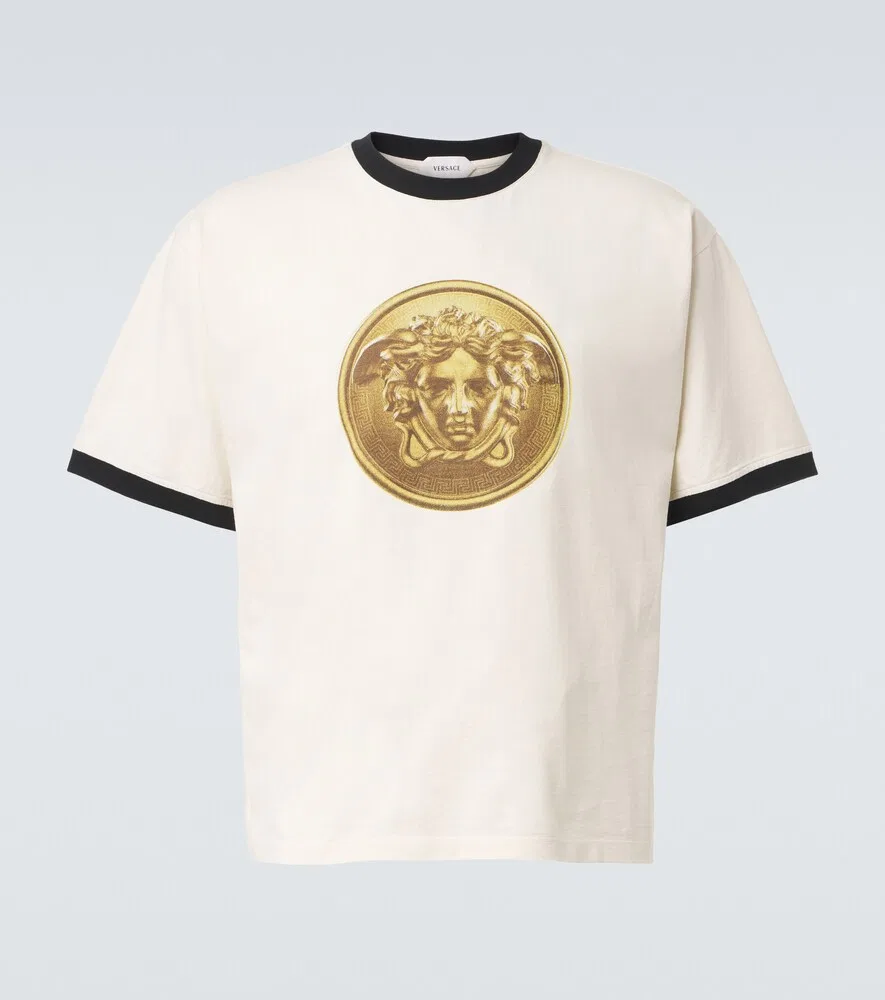Хлопковая трикотажная футболка с изображением Медузы Versace, белый
