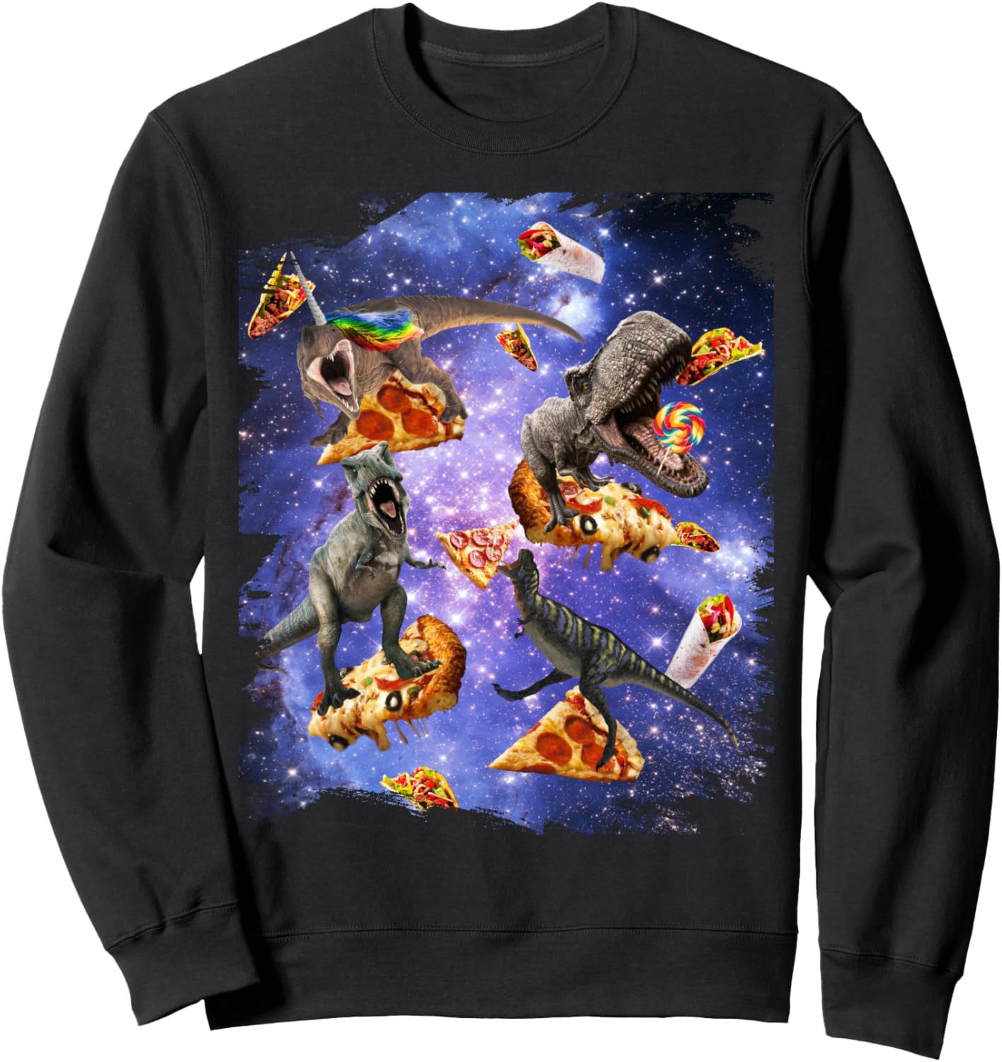 

Забавная толстовка с изображением космического динозавра, едущего на пицце Random Galaxy, черный