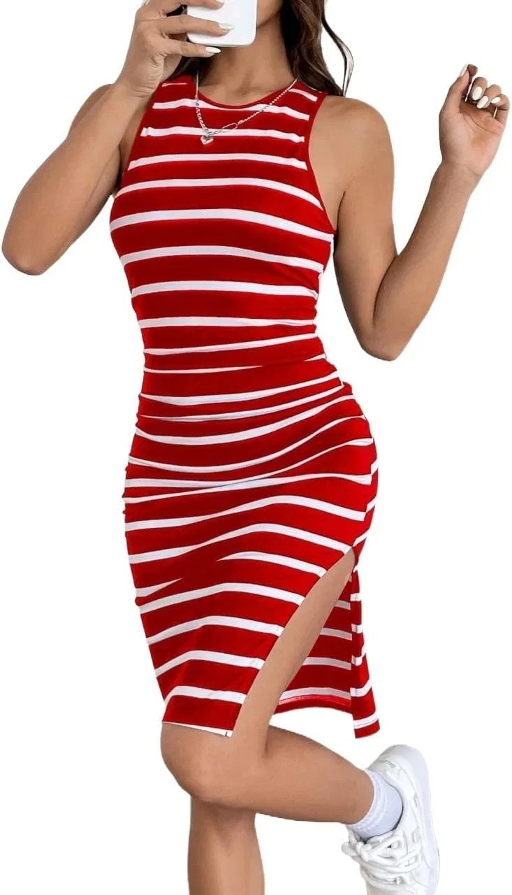 Женское полосатое платье-майка без рукавов, повседневное облегающее платье-футляр длиной до середины икры для лета
