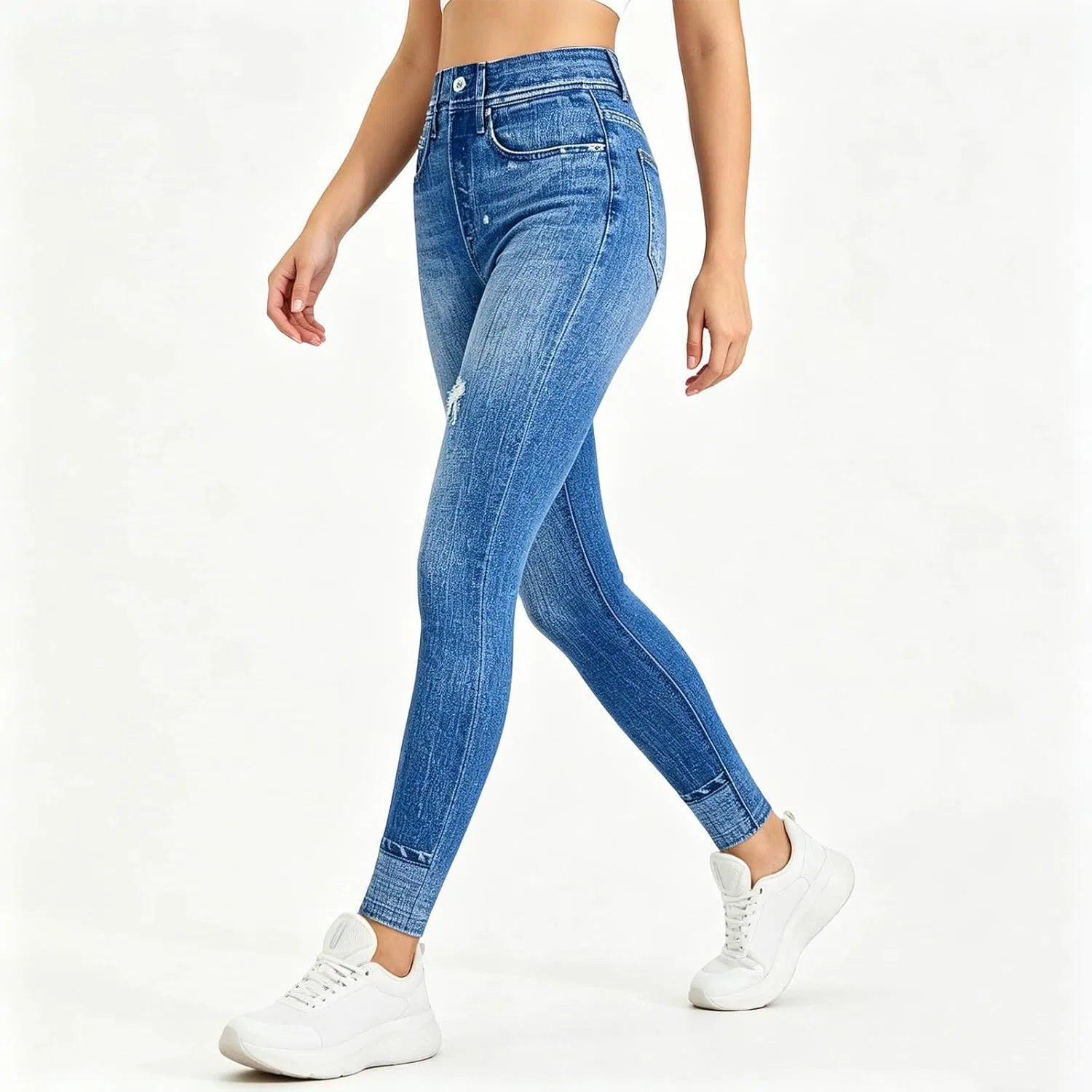 Джинсы лосины Summer Stretchy Faux Denim Slim Fit High Waist Yoga Workout Tights, синие — фото 3