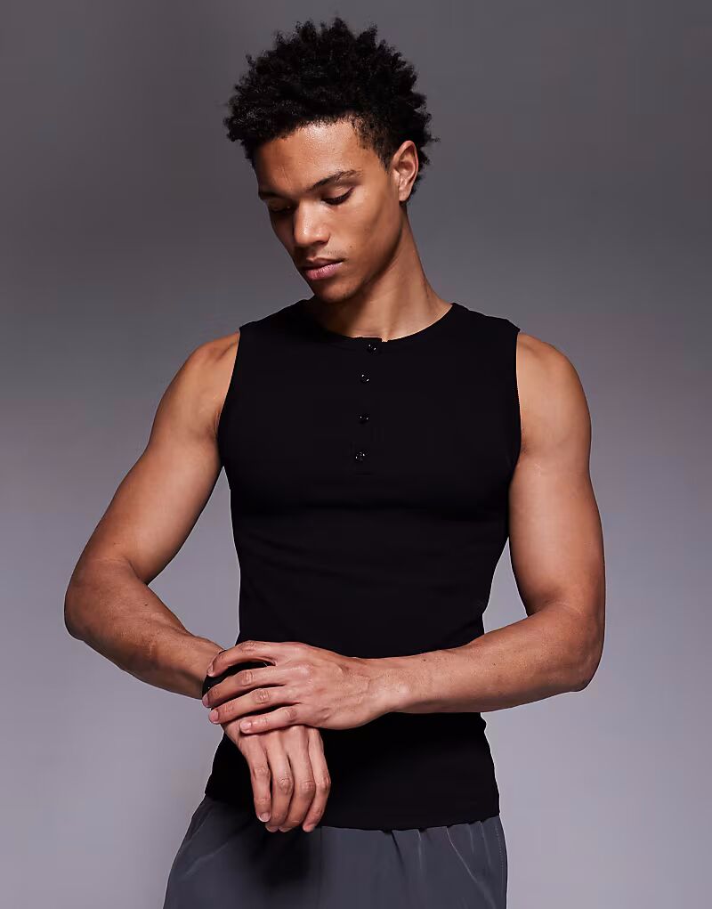 

Бесшовный жилет-хенли в рубчик облегающего кроя черного цвета 4505