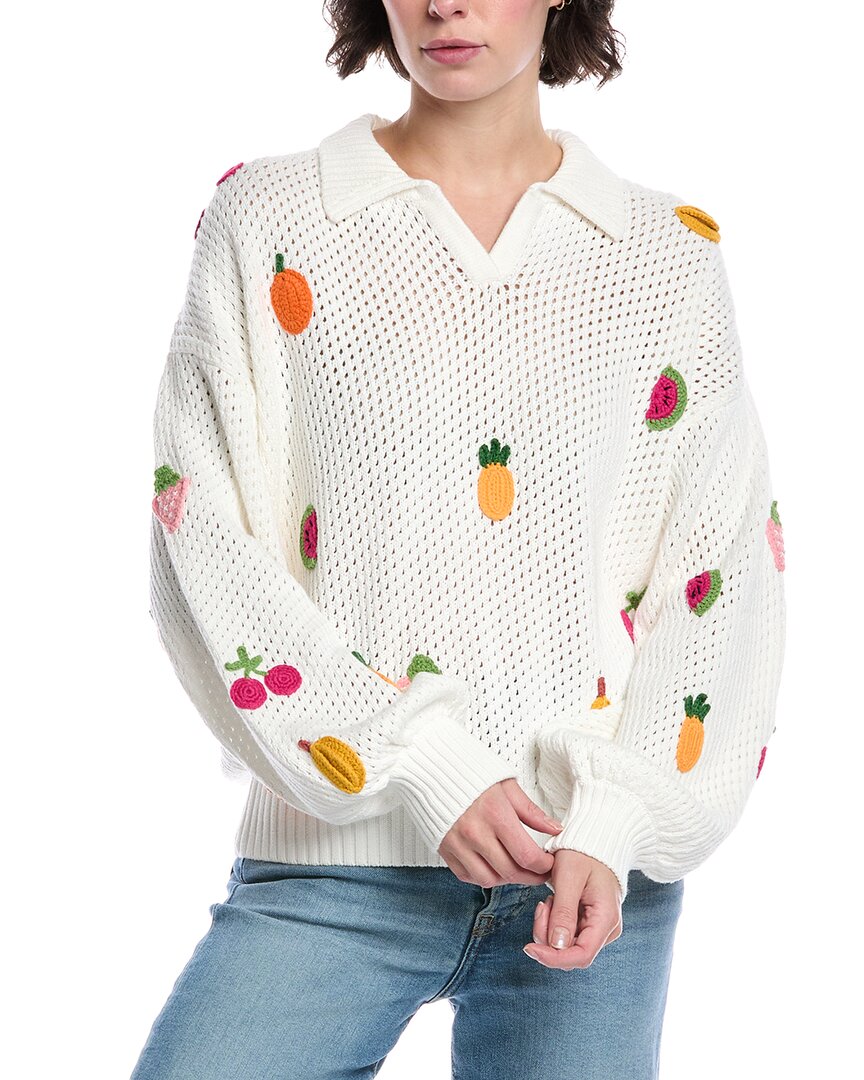 

FATE Вышитая Открытая Вязаная Поло Свитер, белый