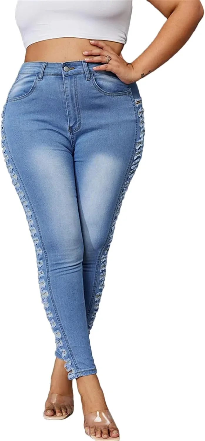 Женские джинсы Mid Waist Plus Size скинни с потертостями