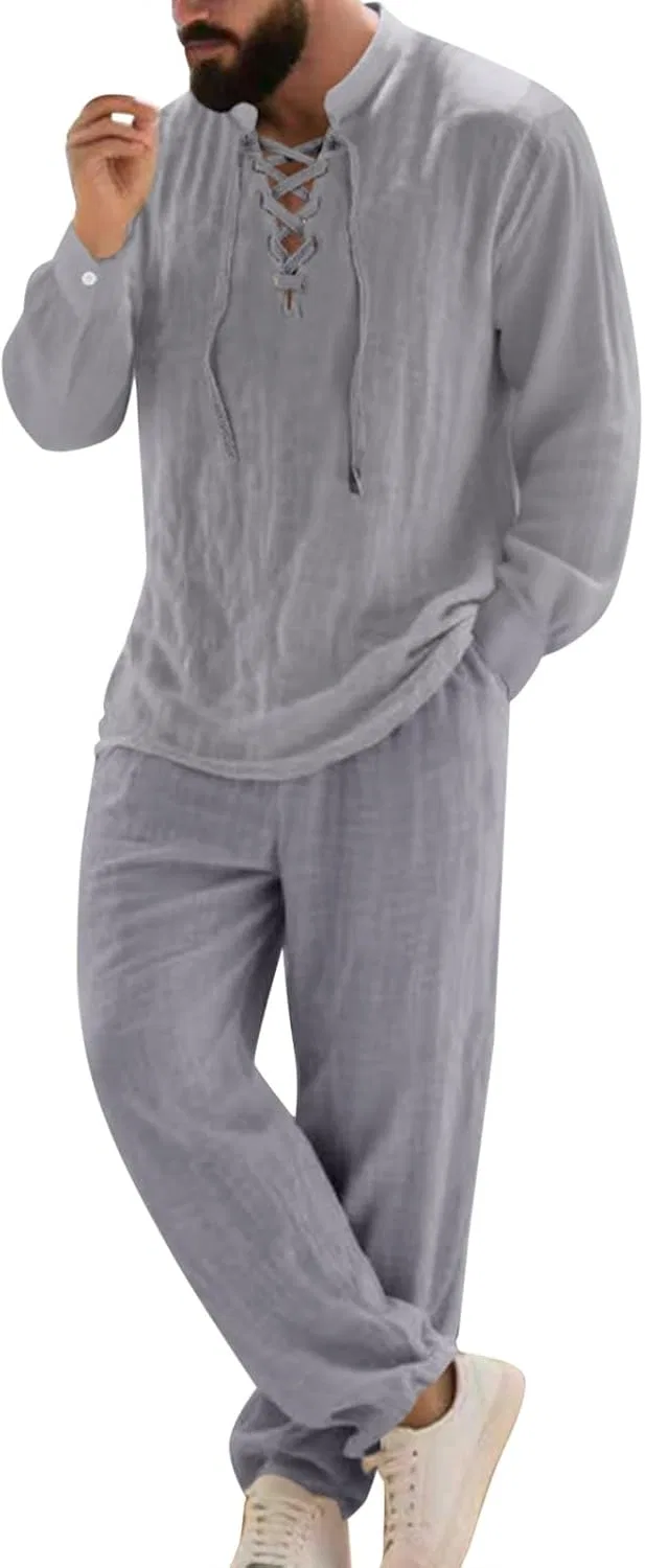 Мужской костюм из 2 предметов, рубашка в стиле ренессанс и свободные брюки для йоги, Grey