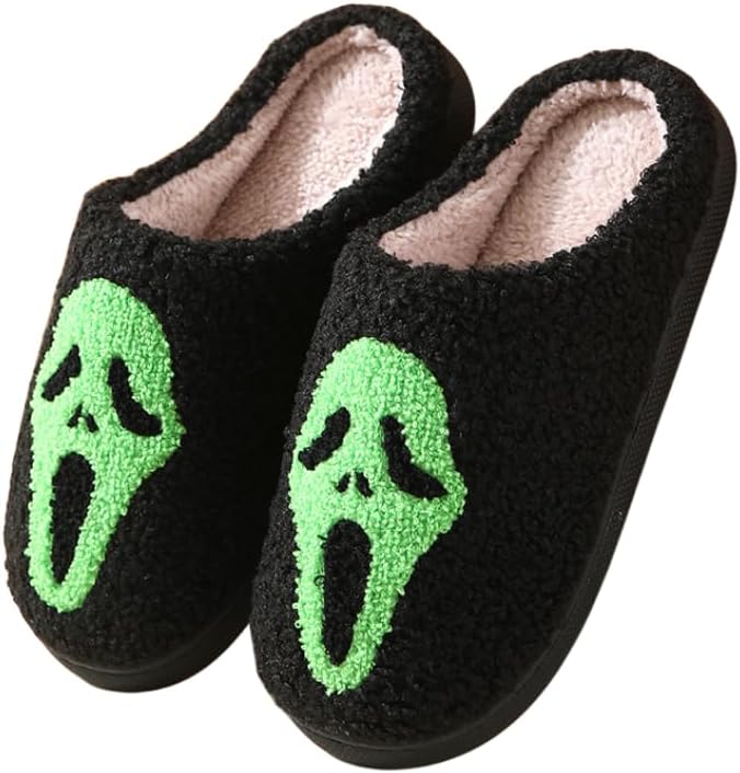

Домашние плюшевые тапочки с черепом на Хэллоуин для мужчин и женщин, с мягкой подошвой и противоскользящей основой, уютные теплые тапочки с лицом призрака Fswinder, зеленый