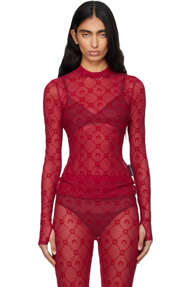 

Marine Serre Красная сетчатая футболка с ворсом в виде лунного рисунка