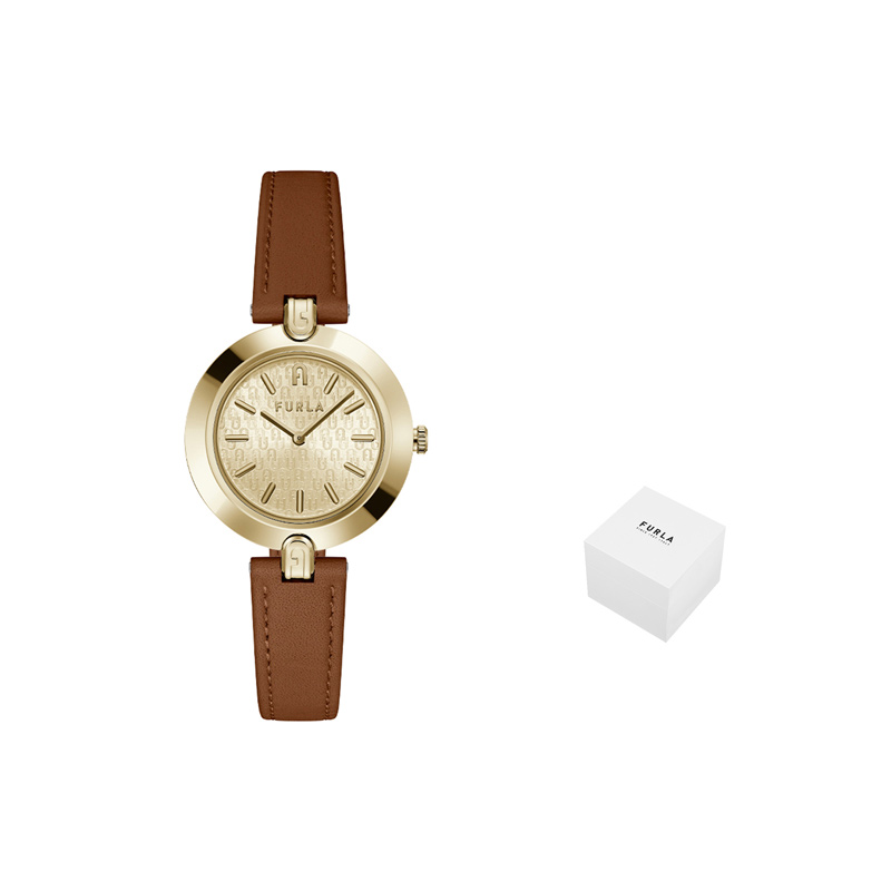

Furla Часы Wrist Watch Quartz Movement Genuine Leather Strap Gold Dial Women's Watch, Cognac Brown