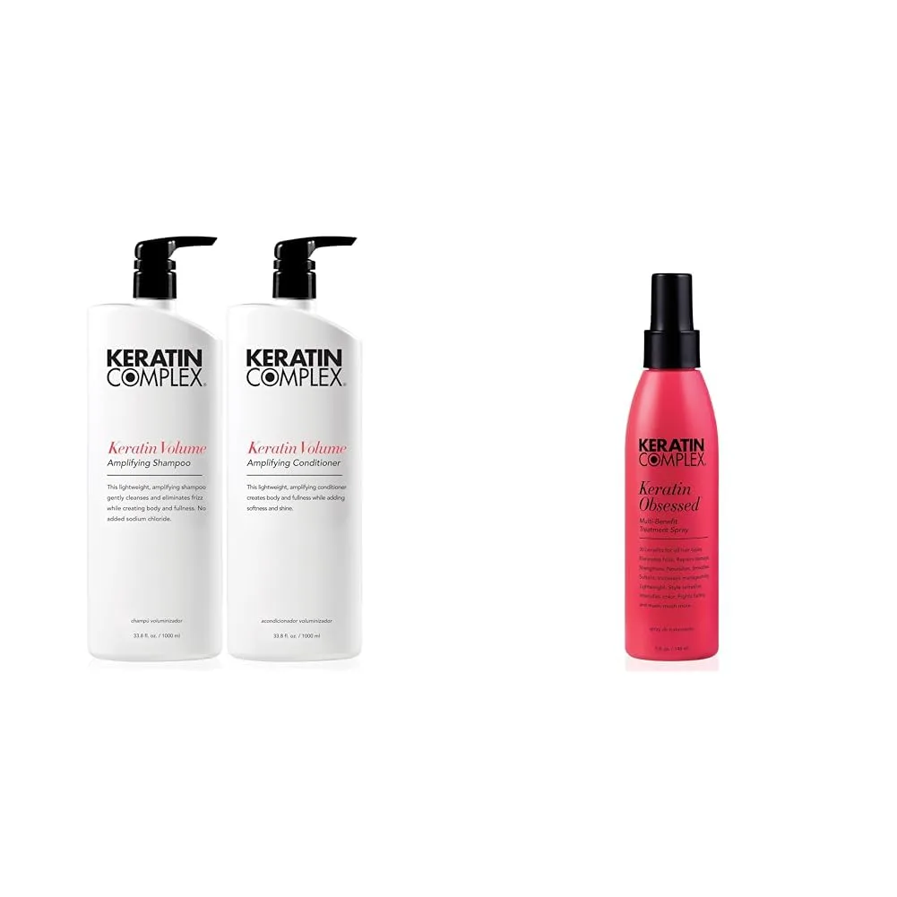Keratin Complex - Шампунь и кондиционер для придания объема с кератином (по 950 мл каждый) и многофункциональный спрей для ухода за волосами Keratin Obsessed (140 мл).