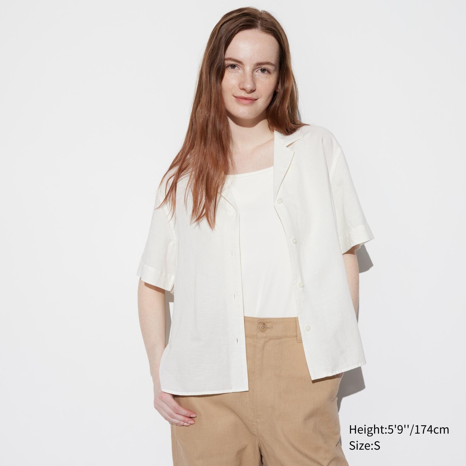 

Рубашка из смесового льна с открытым воротником и короткими рукавами UNIQLO, белый