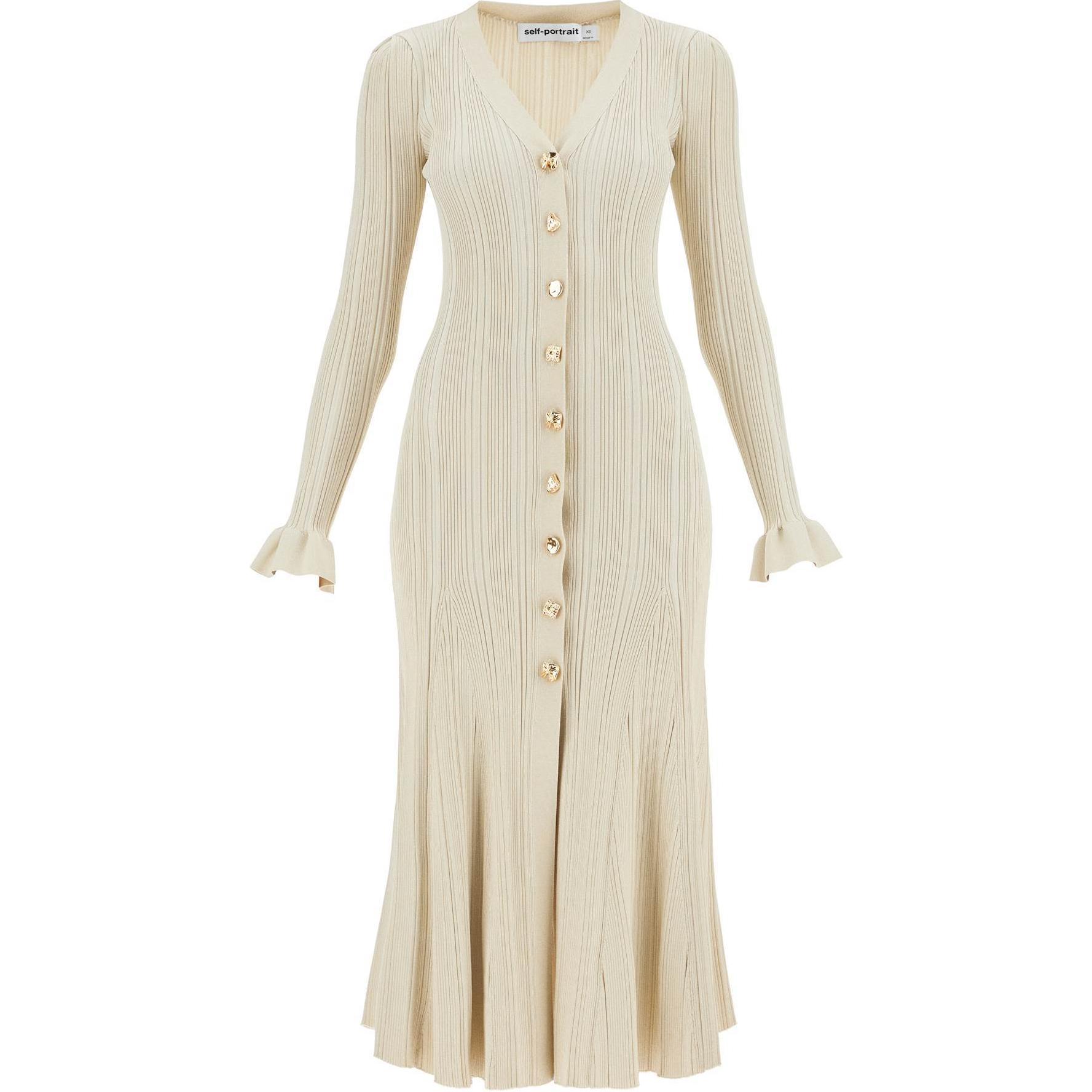 

Металлизированное ребристое платье миди с расклешённым подолом Self-portrait, кремовое