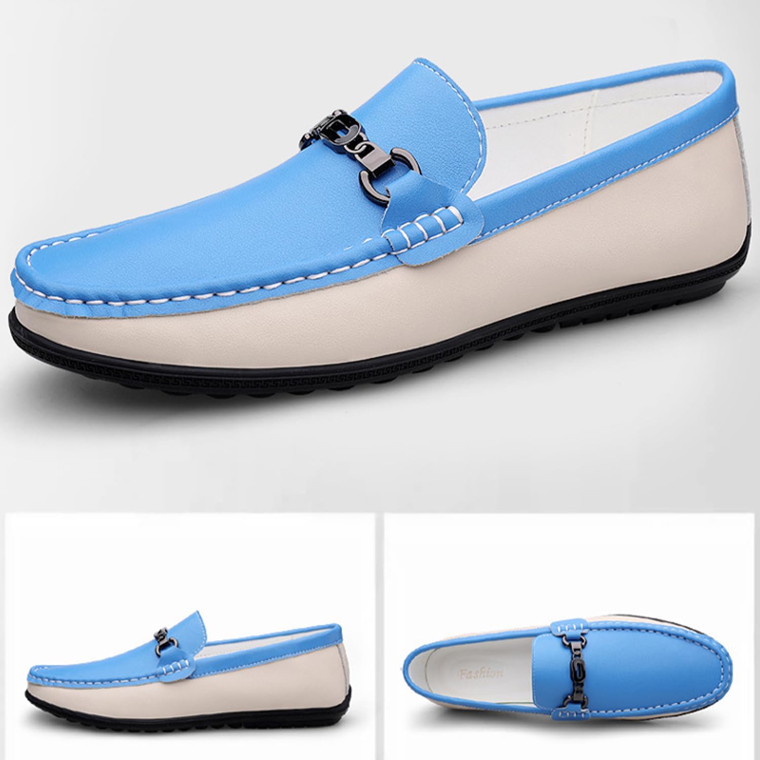 Мужские кожаные мокасины Dacnakby Two Tone Penny Loafers с элегантной пряжкой, повседневные слипоны, лодочные туфли, белый/синий — фото 2