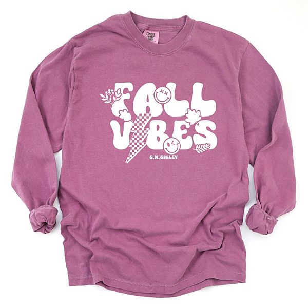 

SWSmiley fall vibes lightning - женская футболка с длинным рукавом и принтом, окрашенная в стиле garment dyed Simply Sage Market, Berry, Зеленый, SWSmiley fall vibes lightning - женская футболка с длинным рукавом и принтом, окрашенная в стиле garment dyed