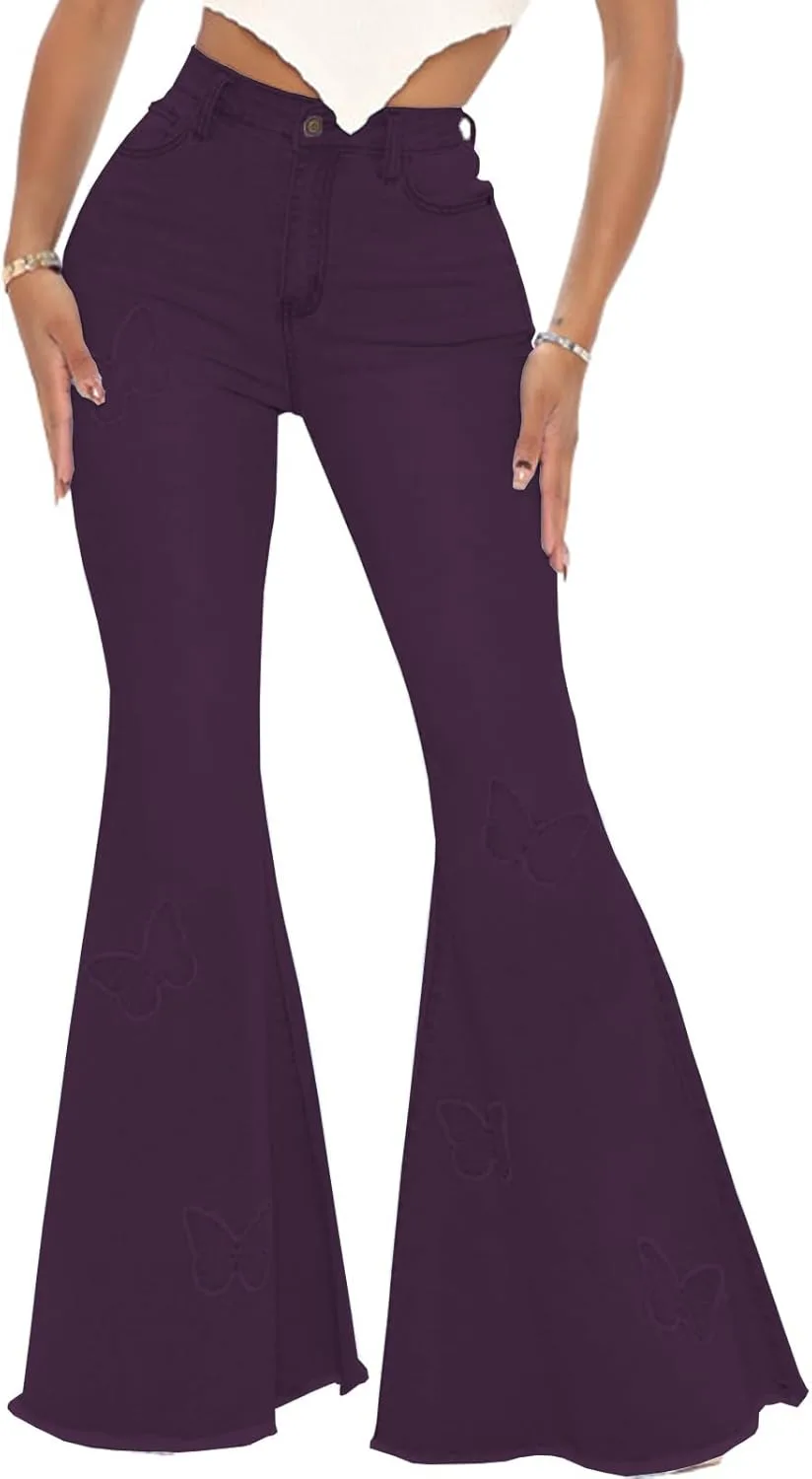 

Женские джинсы Butterfly Bell Bottom с высокой талией, эластичные, с вышивкой и классическим клешем PaladMom